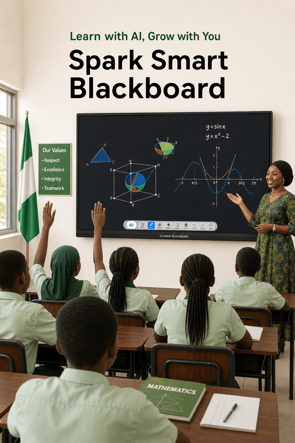 Students in a Nigerian classroom following a Mathematics lesson on the Smart Blackboard