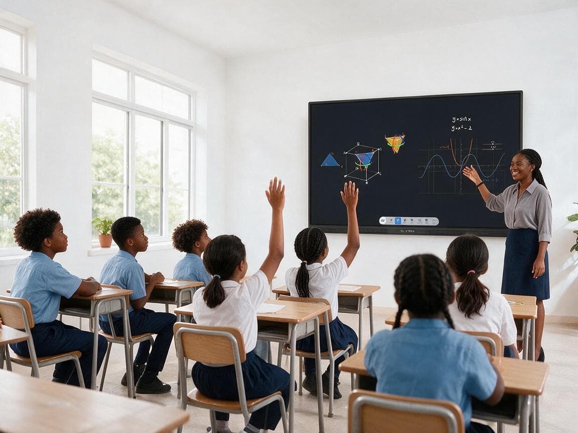 A teacher at a Smart Blackboard showing graphs and 3D geometry while students raise their hands
